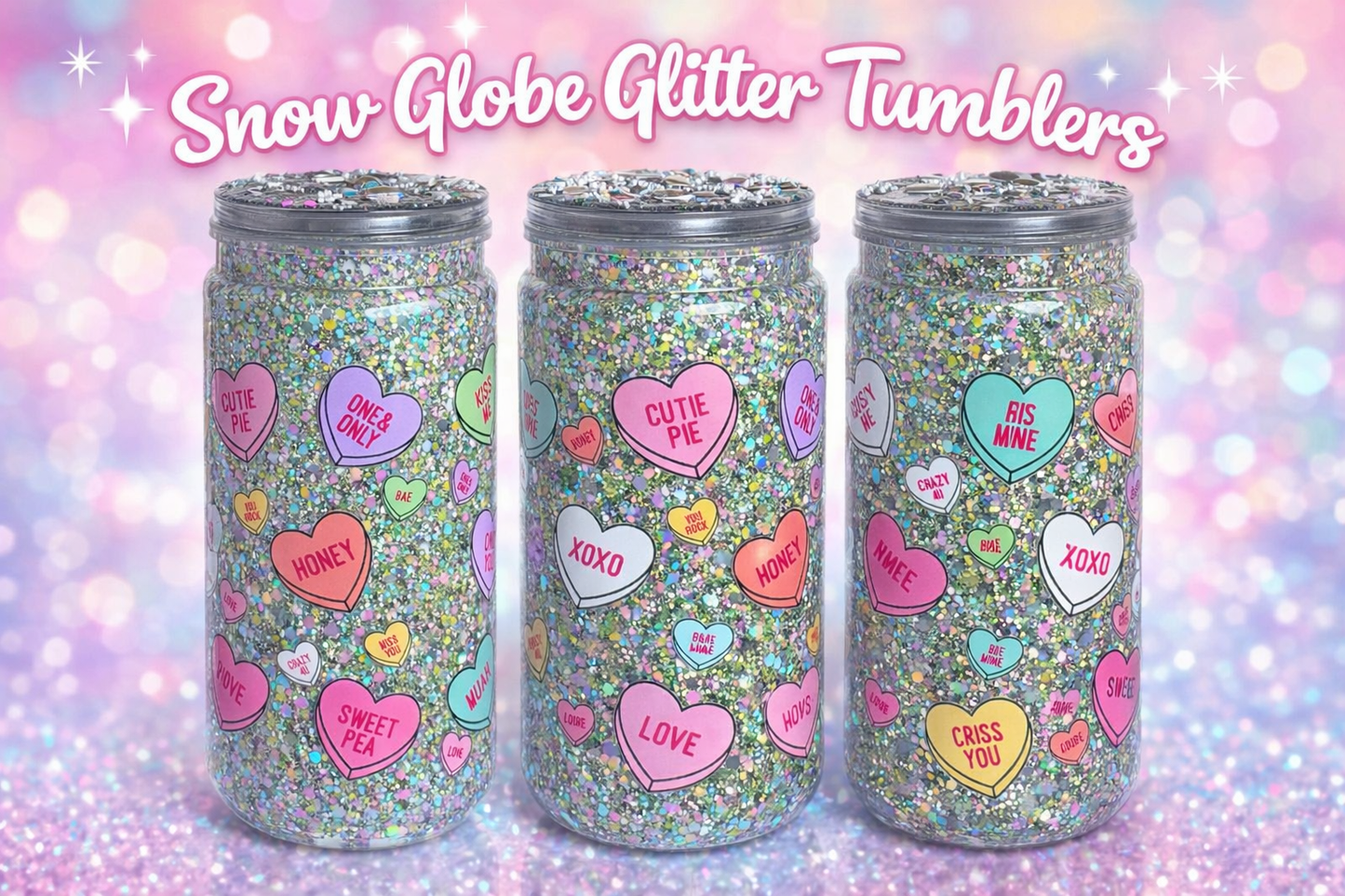 💖 Snow Globe Glitter Tumbler – Candy Heart Edition (16oz)