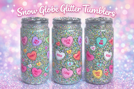 💖 Snow Globe Glitter Tumbler – Candy Heart Edition (16oz)